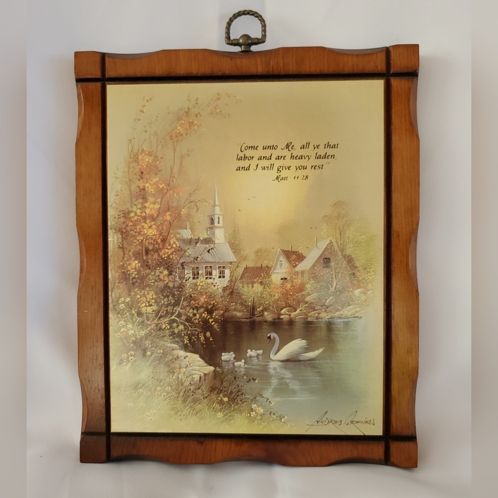 Andres Orpinas "Church Pond Swan" Matt 11:28 11x9" Print Hanging Wooden Plaque
